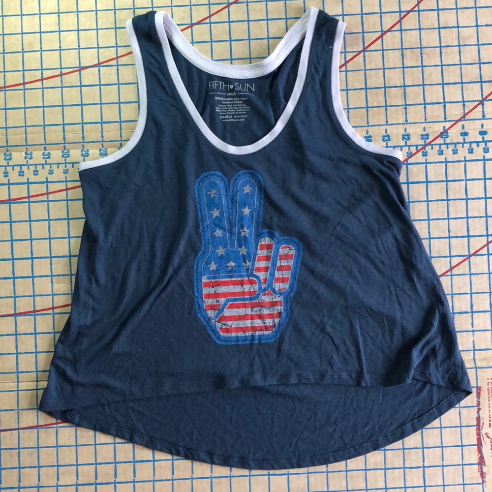 Fifth Sun Flag Peace Sign Graphic Blue Hi-Lo Tank